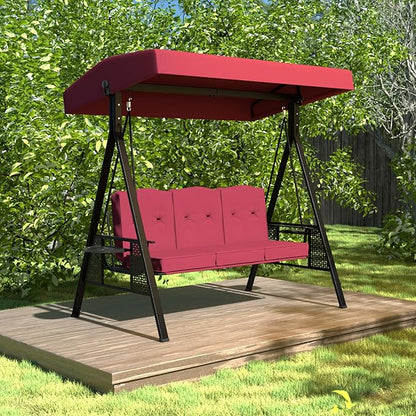 MUPATER Patio Porch Swing Chair with Canopy, 3-Person Outdoor Canopy Swing Glider with Stand, Cushions and Side Table for Outside, 2-in-1 Swing Chair Bench with Cushion for Backyard,Wine Red