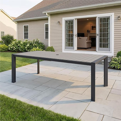 Crestlive Outdoor Dining Table for 8, Patio Table with Umbrella Hole, Aluminum Frame & WPC Wood-Like Tabletop, Ideal for Garden, Backyard, and Indoor