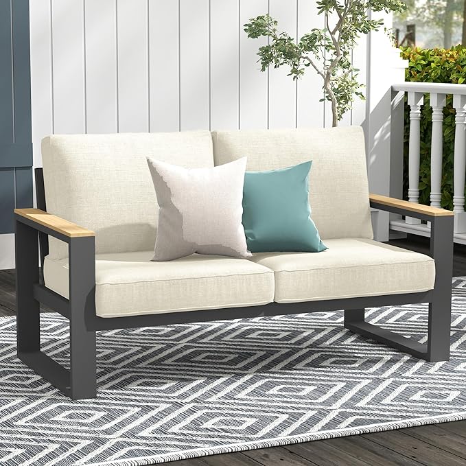 RoyalCraft Aluminum Outdoor Loveseat, All-Weather Metal Patio Loveseat with Height-Adjustable Feet, Outdoor Love Seat for Porch Backyard Garden, Beige