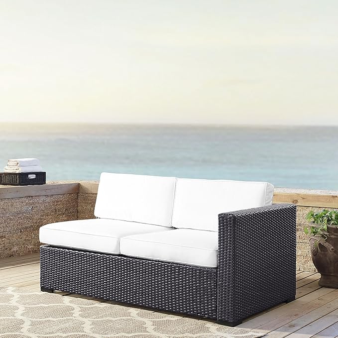 Crosley Furniture Biscayne Outdoor Sectional Loveseat, 2-Person Wicker Patio Couch for Deck, Backyard, Brown with White Cushions