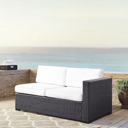 Crosley Furniture Biscayne Outdoor Sectional Loveseat, 2-Person Wicker Patio Couch for Deck, Backyard, Brown with White Cushions
