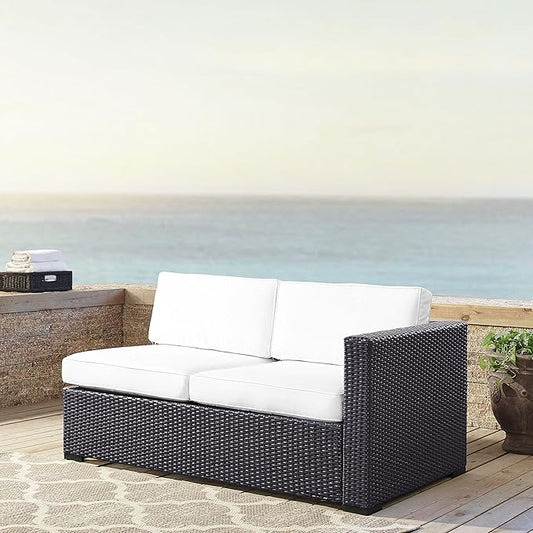 Crosley Furniture Biscayne Outdoor Sectional Loveseat, 2-Person Wicker Patio Couch for Deck, Backyard, Brown with White Cushions
