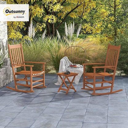 Outsunny Outdoor Rocking Chair Set of 2 with Side Table, Patio Wooden Rocking Chair with Smooth Armrests, High Back for Garden, Balcony, Porch, Supports Up to 352 lbs, Teak