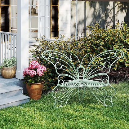 Pink Butterfly Benches Outdoors, Pretty Garden Bench & Cute Metal Outside Bench, Front Porch Benches Outdoor with Sturdy Frame for Lawn Yard Balcony (Green)
