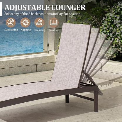 Chaise Lounge Chair, Set of 6 Outdoor Recliner Lounge Chair Sun Loungers, All Weather Chaise with 5 Adjustable Backrest and Lay Flat Positions for Garden, Balcony, Pool, Beige