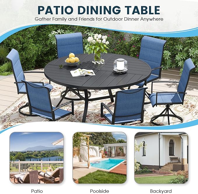 Patio Dining Table for 6-8, Round Metal Outdoor Table with Storage Shelf, 1.57" Umbrella Hole, 53" Outdoor Quartered Tabletop Dining Table for Backyard, Porch, Lawn, Black