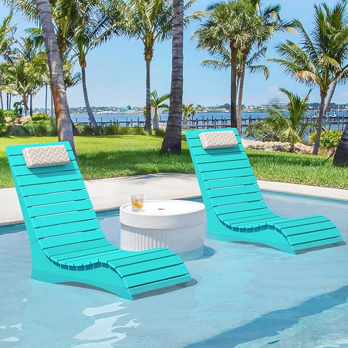 HDPS Pool Lounge Chairs Set of 2, Use in Pools Lounge Chairs up to 10-Inches of Water, Chaise Chairs with Headrest, Lounge Chair Outdoor, Fade-Resistant Pool Lounger for Deck