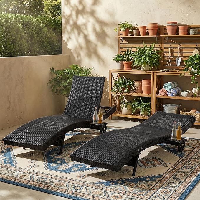 Patio Wicker Chaise Lounge Chairs Set of 2, Outdoor Reclining Lounge Chair w/Rolling Wheels, Pull-Out Side Table - Photo 1