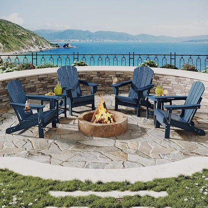 Garvee Folding Adirondack Chair Set of 2 with Side Table, HDPE Outdoor Patio Chair with Cup Holder, All Weather Resistent Wooden Textured for patios, Decks, Gardens, fire Pit, Navy Blue