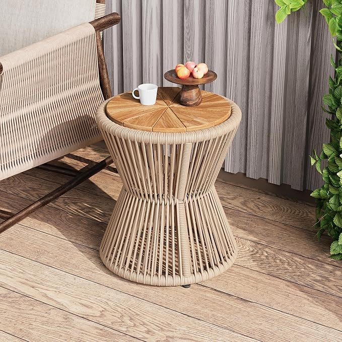 Christopher Knight Home Nara 18.9" Acacia Wood Outdoor Side Table, Hourglass Shaped with Metal Frame+Woven Rope, Outdoor Coffee Table, Garden Plant Stand Indoor, No Assembly Needed, Beige+Light Teak
