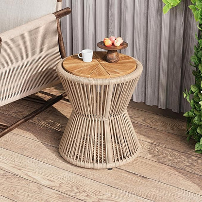 Christopher Knight Home Nara 18.9" Acacia Wood Outdoor Side Table, Hourglass Shaped with Metal Frame+Woven Rope, Outdoor Coffee Table, Garden Plant Stand Indoor, No Assembly Needed, Beige+Light Teak