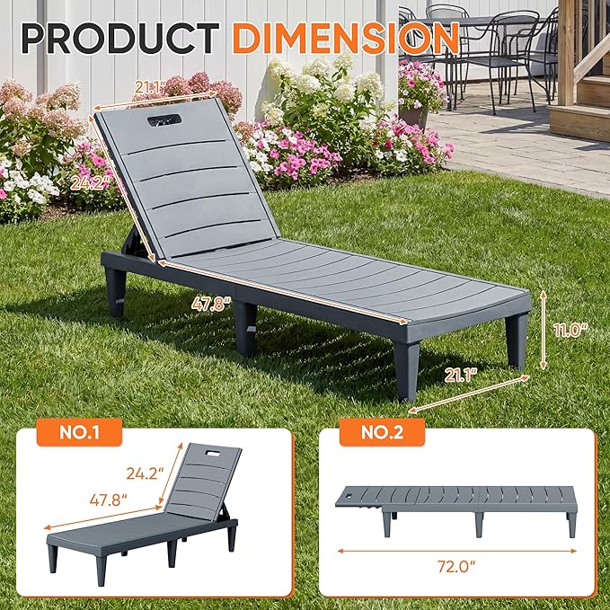 Homall Patio Chaise Lounge Chairs Set of 2, Outdoor Lightweight Lounge Chairs, 5 Position Adjustments Backrest for Outside Pool, Garden, Patio and Beach, Gray