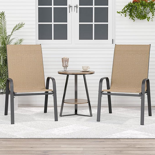 Patio Chairs Set of 2, Outdoor Dining Chairs Stackable for All Weather, Breathable Metal Modern Outside Furniture Chair for Pool Side, Garden, Backyard Deck, Brown