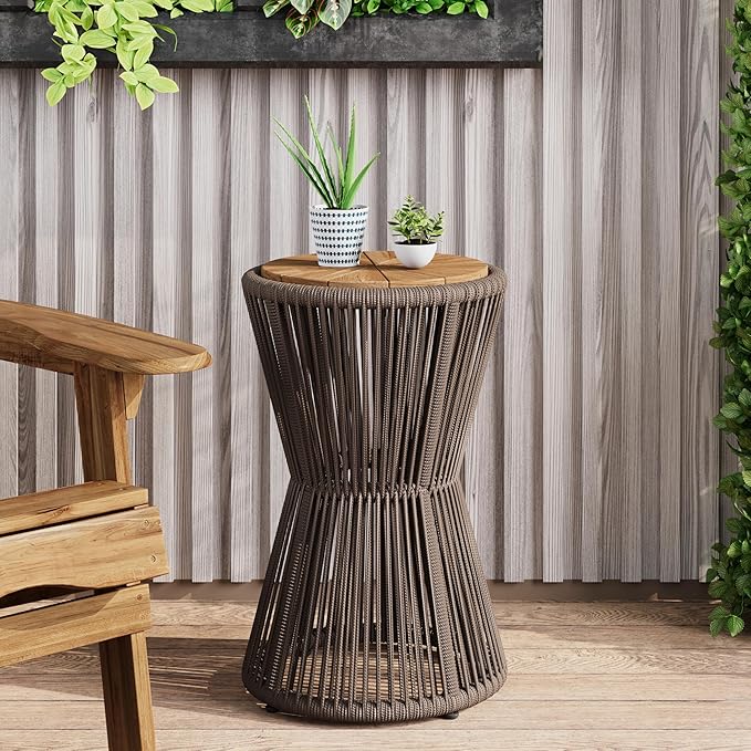 Christopher Knight Home Nara 25.8" Acacia Wood Outdoor Side Table, Hourglass Shaped with Metal Frame+Woven Rope, Outdoor Coffee Table, Garden Plant Stand Indoor, No Assembly Needed, Dark Grey+Teak