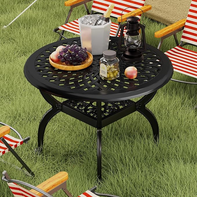 Round Outdoor Coffee Table, Cast Aluminum Side Table with Storage,Indoor End Table, All-Weather Bistro Table for Patio Garden Lawn,Black