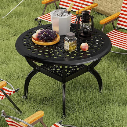 Round Outdoor Coffee Table, Cast Aluminum Side Table with Storage,Indoor End Table, All-Weather Bistro Table for Patio Garden Lawn,Black