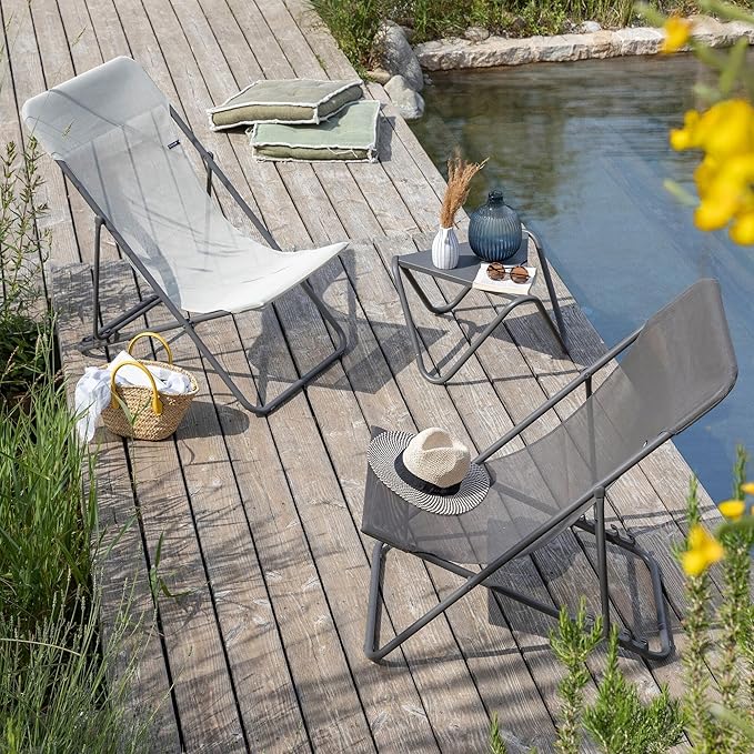 Lafuma Maxi Transat 4 Position Recline, Lockable Angle Folding Outdoor Camping Steel Batyline Mesh Sling Lounge Chair, Graphite (2 Pack)