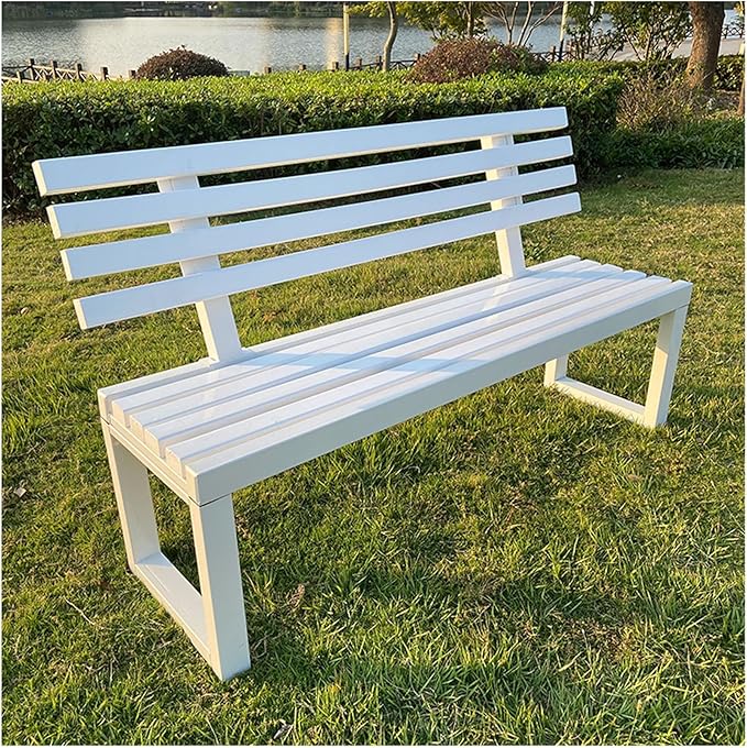 Outdoor Bench for Patio Metal Garden Bench with Armrests Weatherproof Durable Powder Coated Steel Frame Garden or Walking Path Seat for Porch Yard Lawn Deck Lawn Poolsides Park (Color : White, Size