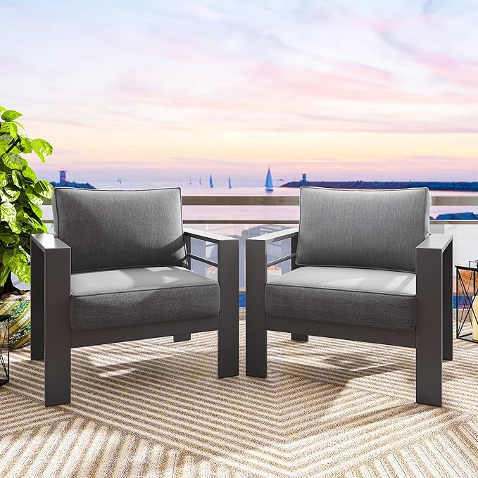 Solaste Patio Furniture Metal Armchair, 2 PCS All-Weather Aluminum Garden Outdoor Contemporary Sofa Chair with Cushions - Photo 6
