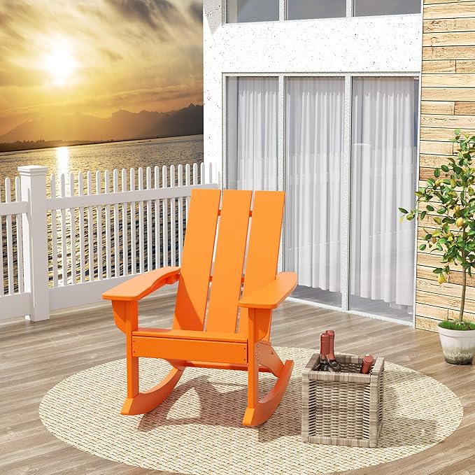 Costaelm Outdoor Adirondack Chair, All Weather Resistant Lawn Chairs Balcony Chair and Fire Pit Chairs, Patio Chair Outdoor Porch Rocking Chair High Back HDPE Poly Lumber, Orange