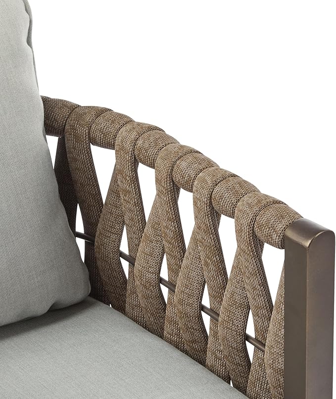 Christopher Knight Home Lena Patio Club Chairs Set of 2, Metal Accent Chairs, Rope Woven Backrest Armchair, Upholstered Cushions Seating, Tub Back Design for Backyard Garden, Brown+Light Gray