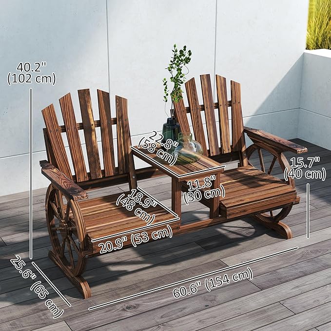 Outsunny Wooden Garden Bench with Table, Umbrella Hole, 2-Seat Wagon Wheel Outdoor Bench with Slatted Seat, High Backrest, Armrests for Backyard, Patio, Garden, Carbonized