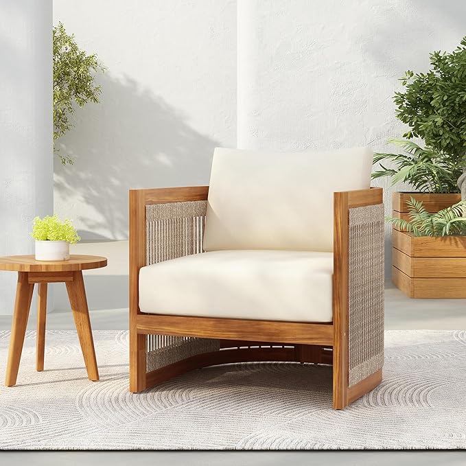 Merax Acacia Wood Outdoor Club Chair, Woven Rope Accents Design, Wooden Patio Accent Chair - Photo 1