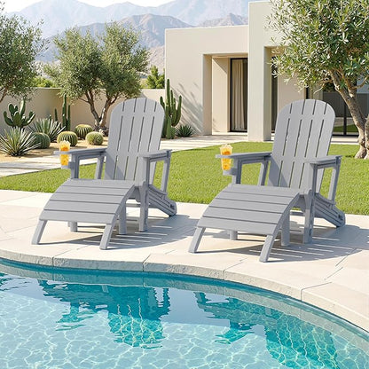 JY QAQA Outdoor Adirondack Chair Set of 2 with Detachable Table & Ottoman, All-Weather HDPE Patio Furniture with Wood Texture & Cup Holder for Patio, Poolside, Garden, Light Grey