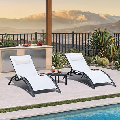 PURPLE LEAF Patio Oversized Chaise Lounge Chair Set with Side Table Pool Adjustable Recliner Chairs for Outside Beach Outdoor Sunbathing Tanning Poolside Lounger Chair, White