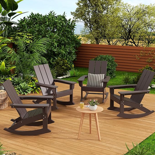 WestinTrends Ashore Patio Rocking Chairs Set of 4, All Weather Poly Lumber Plank Adirondack Rocker Chair, Modern Farmhouse Outdoor Rocking Chairs for Porch Garden Backyard and Indoor, Dark Brown