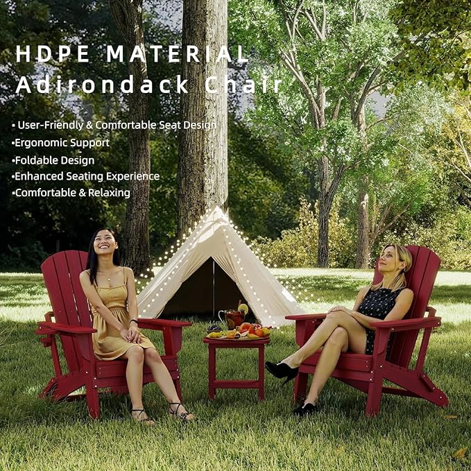 Folding Adirondack Chair Set of 2，Wooden Textured Fire Pit Chair with Cup Holder, Heavy All-Weather HDPE Plastic Outdoor Patio Chairs for Poolside Backyard Patio Outdoor Garden
