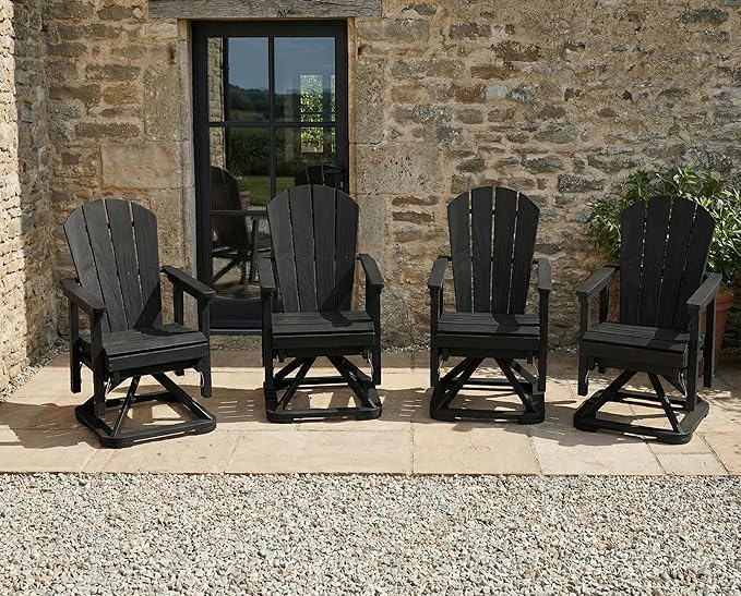 HDPE Swivel Glider Chair Outdoor, Weather Resistant Adirondack Outside Rocking Chair, Wooden Textured Outdoor Swivel Chair Set of 4 for Porch, Balcony, Poolside, Backyard (Black)