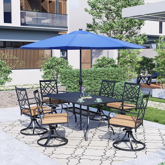 SUNCROWN 7 Pieces Outdoor Dining Set Metal Swivel Cushioned Chairs Patio Furniture Sets with Steel Slat Bistro Table and Sky Blue 9Ft Patio Umbrella for Backyard, Lawn, Garden