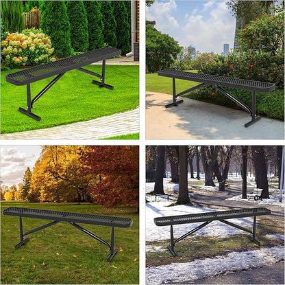 6 FT Park Bench-Outdoor Steel Flat Bench,Metal Backless Benches for Outside, School Benches Commercial Heavy Duty Rectangular Black Park Bench Patio Bench for Garden, Porch, and Park