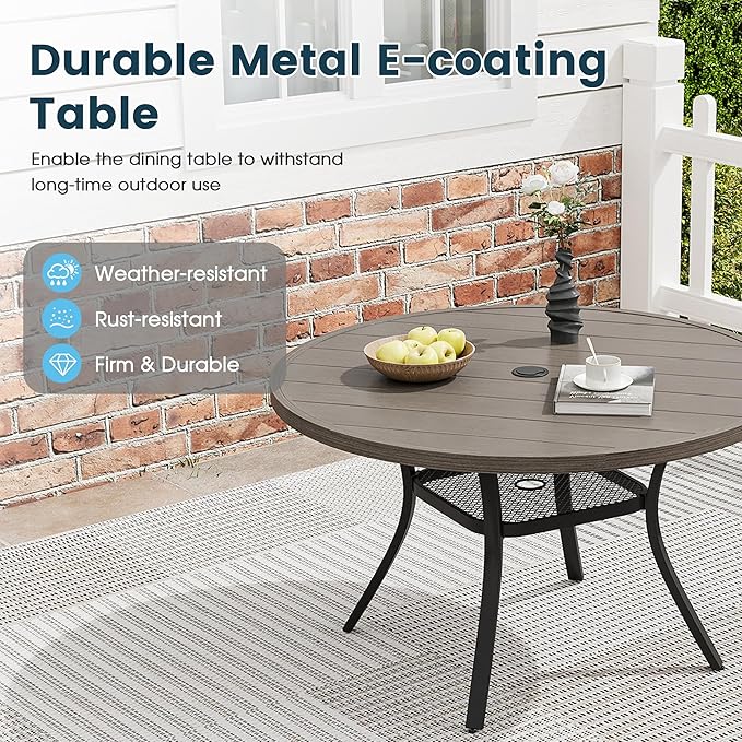 Patio Dining Table for 4, Round Metal Outdoor Table with Storage Shelf, 1.57" Umbrella Hole, 41" Outdoor Slat Tabletop Dining Table for Backyard, Porch, Lawn, Grey