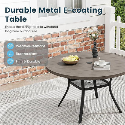 Patio Dining Table for 4, Round Metal Outdoor Table with Storage Shelf, 1.57" Umbrella Hole, 41" Outdoor Slat Tabletop Dining Table for Backyard, Porch, Lawn, Grey