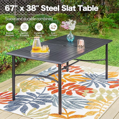 67" Patio Dining Table for 6,Large Rectangle Patio Table with Umbrella Hole,E-Coating and Powder Coating Steel Frame Metal Outdoor Patio Table for Garden Backyard Lawn Yard