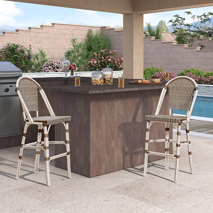 PURPLE LEAF French Counter Height Bar Stool Set of 2 25" White Print Finish Patio Bar Chairs with Back Rattan Bar Chairs French Bistro Set for Kitchen Outdoor Counter Stool Brown