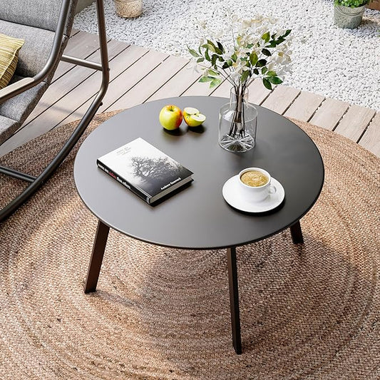 LAUSAINT HOME Patio Round Coffee Table, 27.6” Weather Resistant Outdoor Metal Patio Side End Table with Square Feet for Outside Deck, Porch, Garden, Black