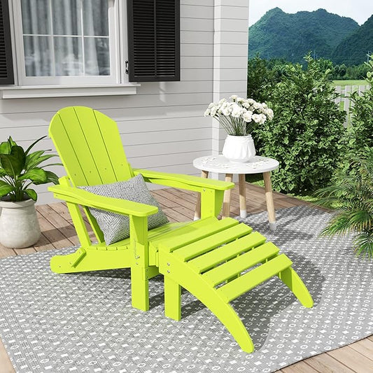 WestinTrends Malibu Outdoor Lounge Chair, 2-Pieces Adirondack Chair Set with Ottoman, All Weather Poly Lumber Patio Lawn Folding Chairs for Outside Pool Garden Backyard Beach, Lime