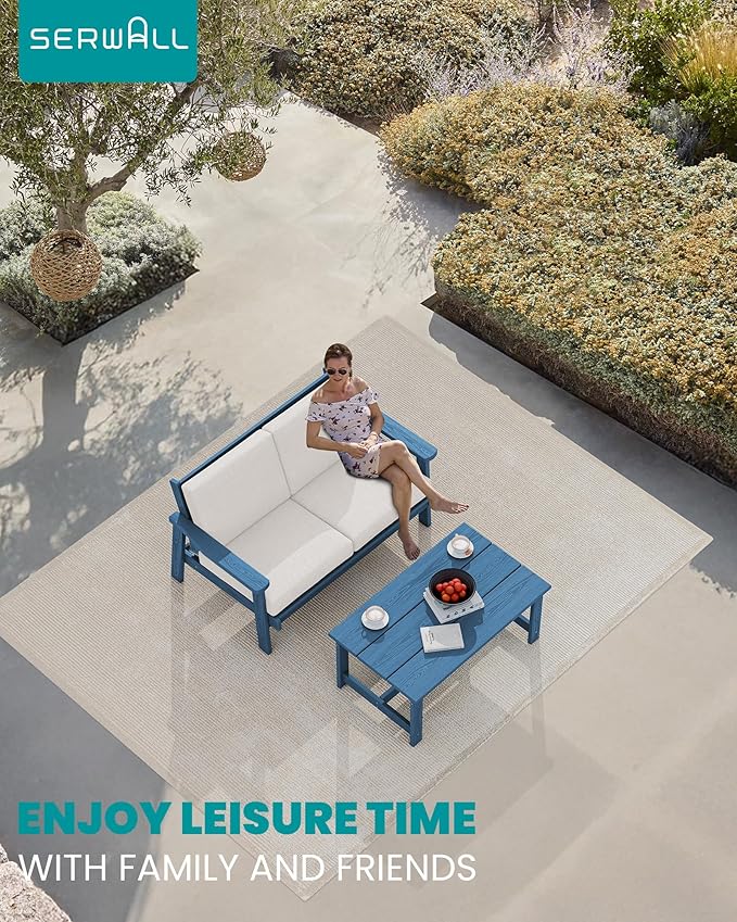 SERWALL HDPE Outdoor Patio Loveseat, Blue Frame and Khaki Cushion - Photo 8