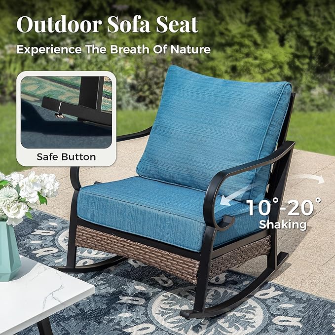 Patio Rocking Chairs Set of 2, Outdoor Sofa Chairs with Deep Seating and 5.75" Cushions, Steel Frame Porch Furniture for Lawn Backyard Deck, Peacock Blue