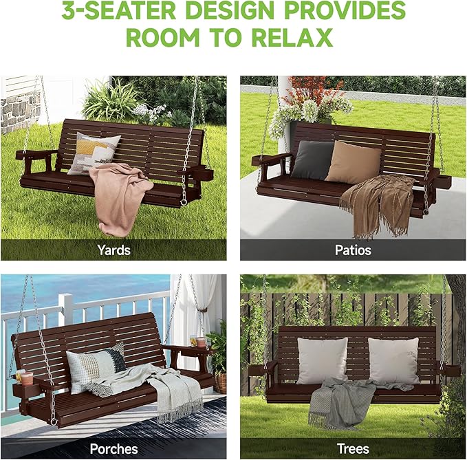 Real Relax Front Porch Swing, Wooden 3 Person Outdoor Hanging Patio Swing Chair with Cup Holders - Photo 9