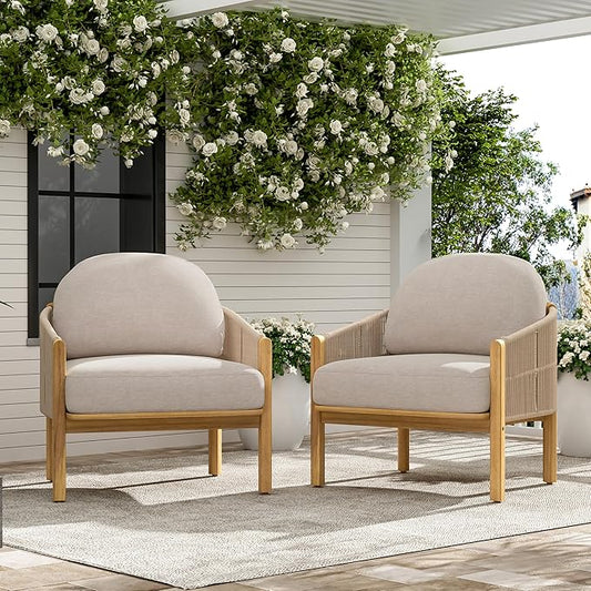 Christopher Knight Home Grotta Acacia Wood Patio Accent Chair Set of 2, Wooden Lounge Chair Outdoor, Outdoor Barrel Chair with Rope Weave+Removable Cushion, Curved Backrest Lounge Sofa, Beige+Teak