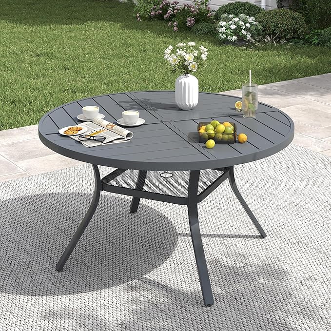VICLLAX 40.6" Round Patio Table with Umbrella Hole, All Weather Metal Outdoor Dining Table for 4, Outside Table with Storage Shelf for Lawn Garden, Grey