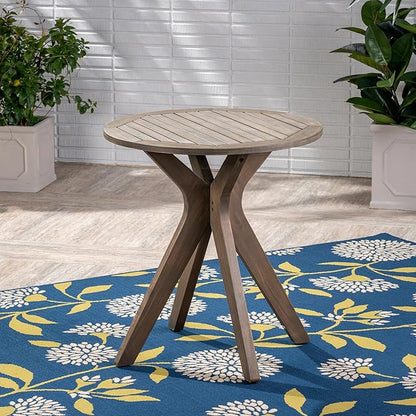 Merax Outdoor Coffee Table 27.5" Round Acacia Wood Patio Side Table, X-Shaped Base Support, Slat Tabletop Design, Grey