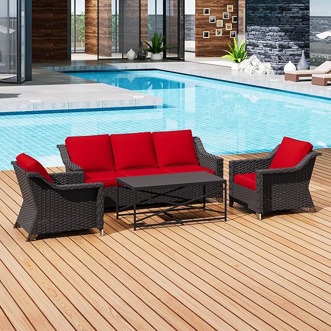 4 Pieces Outdoor Conversation Furniture Set - 77" Patio Sofa, 2 Wicker Armchairs, 1 Metal Coffee Table - Photo 6