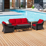 4 Pieces Outdoor Conversation Furniture Set - 77" Patio Sofa, 2 Wicker Armchairs, 1 Metal Coffee Table - Photo 6