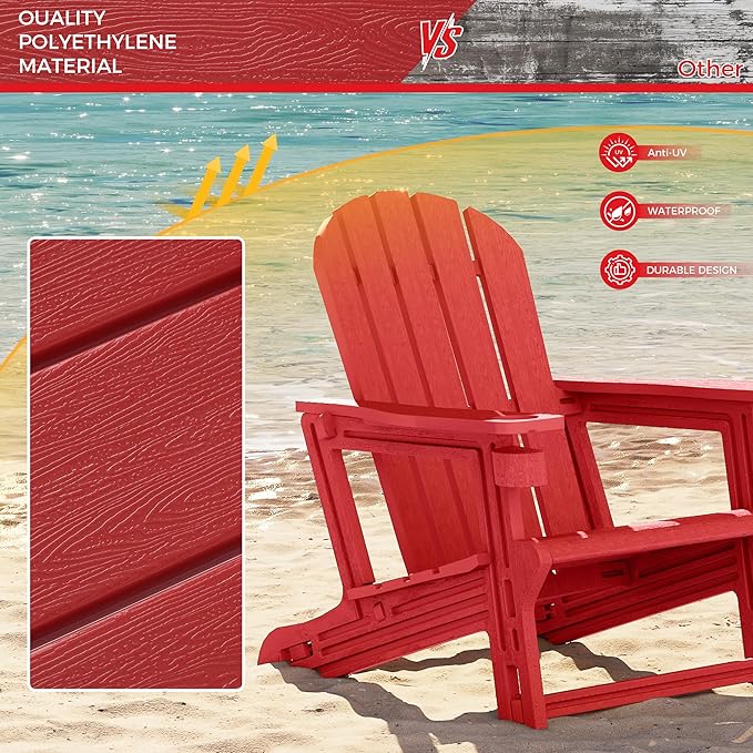 Costaelm Cayman Hardware-Free Assembly Outdoor Patio HDPE Poly Plastic Adirondack Chair with Cup Holder (Set of 2), Red