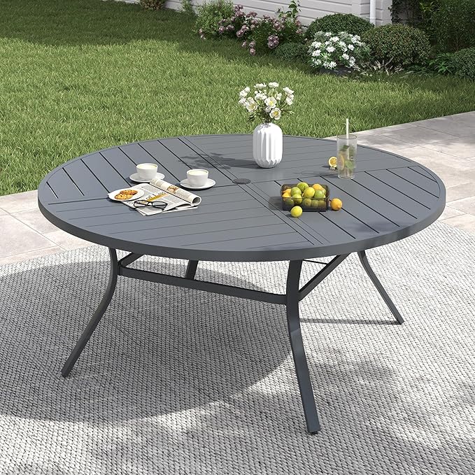 VICLLAX 53" Round Patio Table with Umbrella Hole, All Weather Metal Outdoor Dining Table for 6-8, Outside Table for Lawn Garden, Grey